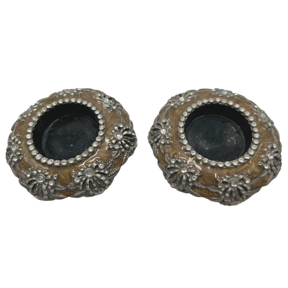 Vintage Style Jeweled Enamel Bow Votive Candle Holder Set 2 Bronze Silver Tone